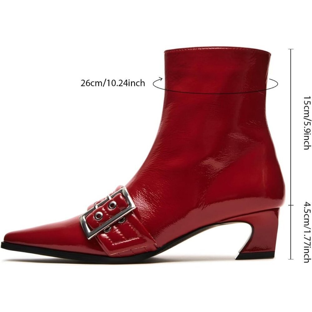 ✨Women Red Buckle Ankle Boots Kitten Low Heel Eyelet Sexy Pointy Toe Booties - Picture 2 of 9
